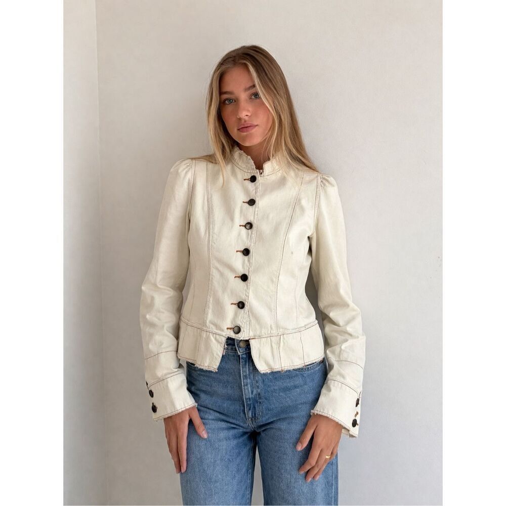 Boutique Cream Jacket Sz M Vintage Style Fitted Button Front Peplum Detail Note